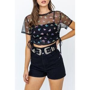 Le Lis Rainbow Butterfly Cinched Side Sheer Mesh Tshirt Size Small